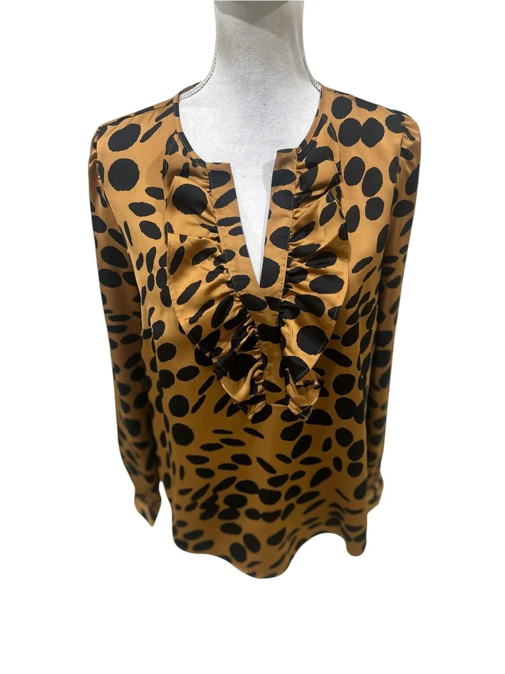 J crew Ruffled V-Neck Long Sleeve blouse caramel black dot print size medium